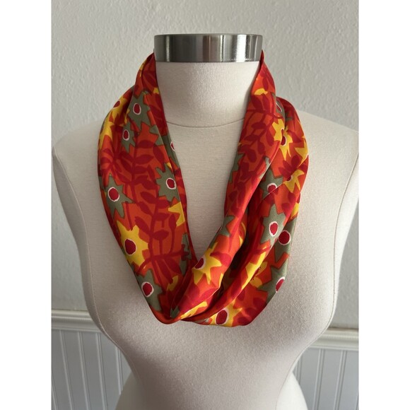 Vera Neumann Accessories - Vera Neumann Vintage Silk Infinity Scarf Floral Orange Red Yellow Made in Japan